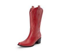 DREAM PAIRS Botas vaqueras de punta cuadrada para mujer, botas vaqueras occidentales con bordado a media pantorrilla, botines de tacón grueso retro, rojo, (Red-Pu), 43 EU