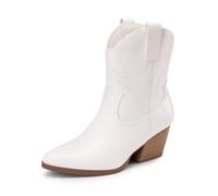 DREAM PAIRS Botas vaqueras para mujer, bordadas, cosidas, cortas occidentales, tacón bajo y grueso, puntera puntiaguda, botines al tobillo, Blanco, 37.5 EU