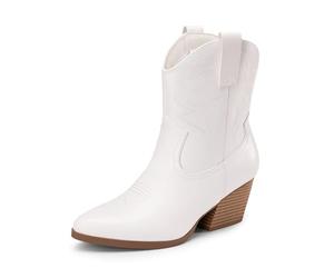 DREAM PAIRS Botas vaqueras para mujer, bordadas, cosidas, cortas occidentales, tacón bajo y grueso, puntera puntiaguda, botines al tobillo, Blanco, 37.5 EU