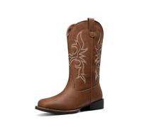 DREAM PAIRS Botas vaqueras para mujer, bordadas, punta cuadrada, a media pantorrilla, estilo occidental, a la moda, zapatos de tacón bajo grueso para fiestas temáticas, conciertos de campo, Tan
