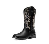 DREAM PAIRS Botas vaqueras para mujer, bordadas, punta cuadrada, a media pantorrilla, estilo occidental, a la moda, zapatos de tacón bajo grueso para fiestas temáticas, conciertos de campo, Negro