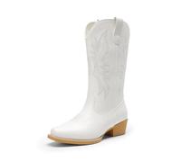 DREAM PAIRS Botas vaqueras para mujer, botas vaqueras occidentales de media pantorrilla, puntera cuadrada, bordadas, tacón bajo y grueso, botas de moda, Blanco, 39 EU