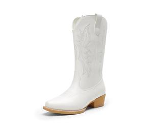DREAM PAIRS Botas vaqueras para mujer, botas vaqueras occidentales de media pantorrilla, puntera cuadrada, bordadas, tacón bajo y grueso, botas de moda, Blanco, 41 EU
