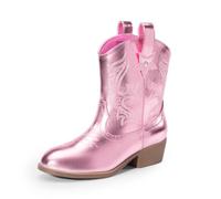 DREAM PAIRS Botas vaqueras para niñas, botas vaqueras con tacón bajo, bordado occidental, a la moda, a media pantorrilla, para niños pequeños y niños grandes, Rosado, 5 Big Kid