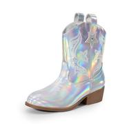 DREAM PAIRS Botas vaqueras para niñas, botas vaqueras con tacón bajo, bordado occidental, a la moda, a media pantorrilla, para niños pequeños y niños grandes, Plateado, 2 Little Kid