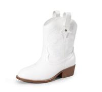 DREAM PAIRS Botas vaqueras para niñas, botas vaqueras con tacón bajo, bordado occidental, a la moda, a media pantorrilla, para niños pequeños y niños grandes, Blanco, 11 Little Kid