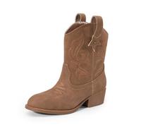 DREAM PAIRS Botas vaqueras para niñas, botas vaqueras con tacón bajo, bordado occidental, a la moda, a media pantorrilla, para niños pequeños y niños grandes, Camello, 11 Little Kid