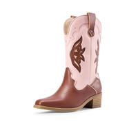 DREAM PAIRS Botas vaqueras vaqueras occidentales para niñas, a media pantorrilla, zapatos de equitación para niños pequeños y grandes, Rosa y marrón, 13 UK Child