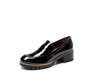 Dream Pairs Mocasines Tipo mocasín para Mujer, con Plataforma sin Cordones, de tacón Grueso para Mujer, Elegantes y de Trabajo, Zapatos Casuales de Negocios y Escolares, Pat Negro, 38 EU