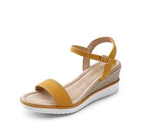 DREAM PAIRS Sandalia de Vestir Cómodo para Mujer con Tacón Cuña Zapatos de Tacón Clásicos de Punta Redonda con Hebillas y Tiras Verano Amarillo SDPW2342W-E Talla 37 (EUR)