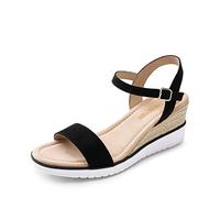 DREAM PAIRS Sandalia de Vestir Cómodo para Mujer con Tacón Cuña Zapatos de Tacón Clásicos de Punta Redonda con Hebillas y Tiras Verano Negro SDPW2342W-E Talla 38 (EUR)