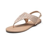 DREAM PAIRS Sandalias Planas de Dedo Mujer Comodas Elegantes Gladiador Lindas Sandalias de Playa Elegantes con Correa en T,Size 41.5,Desnudo,MEDINIE