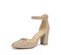 DREAM PAIRS Zapatos de Novia con Tacones Gruesos y Cerrados para Mujer, con Correa en el Tobillo y Punta Redonda.,Size 41,Oro-Brillo,DWUMPU2535