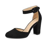 DREAM PAIRS Zapatos de Tacón Acho Cómodos Clásicos de Punta Redonda Zapatos de Salón Alto con Tira de Tobillo Bodas y Fiestas Ante Negro Angela Talla 38.5EU/7.5US