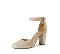 DREAM PAIRS Zapatos de Tacón Acho Cómodos Clásicos de Punta Redonda Zapatos de Salón Alto con Tira de Tobillo Bodas y Fiestas Oro/Brillo Angela Talla 36EU/5.5US
