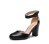 DREAM PAIRS Zapatos de Tacón Acho Cómodos Clásicos de Punta Redonda Zapatos de Salón Alto con Tira de Tobillo Bodas y Fiestas Negro-PU Angela Talla 40.5EU/9US