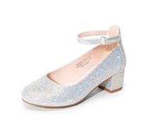 DREAM PAIRS Zapatos de Vestir para Niñas, Tacones Altos Gruesos con Tiras en El Tobillo para Fiestas, Bodas, Princesas, para Niñas Grandes,Size 30,Plata,KKUMPU2502