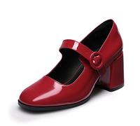 DREAM PAIRS Zapatos Mary Jane de Tacón Alto Cómodos Clásicos Mujer Zapatillas con Tacón Ancho Zapatos de Salón PU Trabajo Balila Rojo Brillante-US SDPU2232W Talla 38.5EU/7.5US