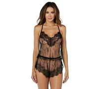 DreamGirl Delicate Floral Lace Camisole & Short Set, corpiño Mujer, Schwarz, L