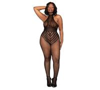 DreamGirl Mujer Plus Size Open Entrepierna Stripped Fishnet Bodystocking Halter Cuello y T-Back Correa Negro