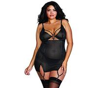 Dreamgirl Plus Size Fishnet Power Mesh Garter Slip, Lencería Mujer, Schwarz, 1X Plus