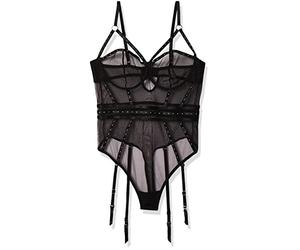 DreamGirl Very Sheer Stretch Mesh Underwire Studded Teddy, Lencería Mujer, Schwarz, M