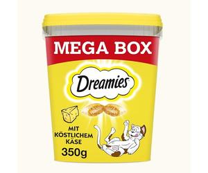 DREAMIES Bocadillos para Gatos, 2 x 350 g, con Queso, deliciosamente crujientes para Gatos con Relleno Delicado, Mega Box