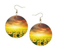 Dreamlike Sunset Of A Sunflower Field - Juego de aretes de cuero estampados para mujer, 1 par de aretes ligeros bohemios perforados, regalo de joyería para mujeres y niñas