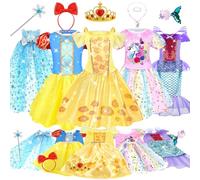 Dreamon Disfraz Princesa Niña, Vestidos Princesa 5 Piezas Cetro Corona Collar Horquilla Regalo Cumpleaños Carnaval para 3 4 5 Años Niños