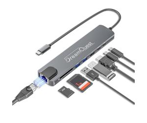DreamQuest Estación de acoplamiento USB C Hub 8 en 1, Adaptador USB-C con 4K HDMI, función de carga PD de 100W, Ethernet RJ45, lector de tarjetas SD/TF, USB 3.0 para MacBook Pro/Air, iPad, Surface