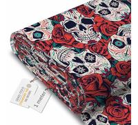 DreamRoots Tela impermeable por metros imitación de lino 600D 220g/m - Tela para tapizar - Lona impermeable 160 cm Red Roses Skull 1M