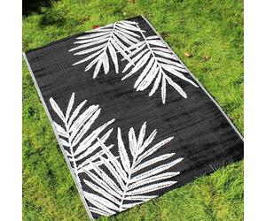 Dreams & Drapes - Alfombra de Exterior Negra con diseño de Hojas de Taihiti (170 x 120 cm), Resistente al Agua, al Sol, Ligera, Manta de Picnic Tropical en Color Negro, 100% Polipropileno