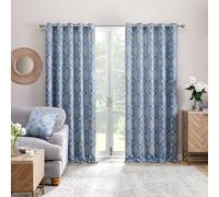 Dreams & Drapes Cortinas de Damasco Azul, Paneles con Ojales Florales para Dormitorio y Sala de Estar, 168 x 137 cm, 2 Paneles, Color Azul y Blanco