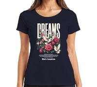 Dreams Paz Paloma Blanca Rosas Rojas Luna Camiseta Mujer, azul marino, M