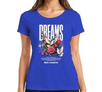 Dreams Paz Paloma Blanca Rosas Rojas Luna Camiseta Mujer, azul, S