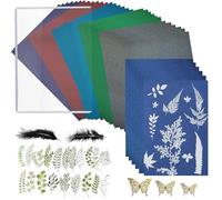 Dreamsolearoy Juego de 36 papeles de cianotipado A5, papel de impresión solar, 6 colores, material de fibra natural, con mariposa, hojas y plumas, para niños, adultos, manualidades