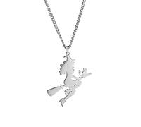 Dreamtimes Collar con colgante de gato de bruja mágica con forma de escoba de bruja dijes de Halloween acero inoxidable luna y bruja mágica (plata)