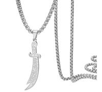 Dreamtimes Zulfiqar - Collar con colgante de espada para hombres y mujeres, collar de amuleto grabado de runa islámica de acero inoxidable, amuleto protector musulmán, joyería de fe, Medio, Acero