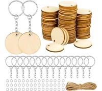 Dreamtop 100 Pcs Llaveros de Madera, con 100 Rodajas Madera Natural con Agujeros, 50 Llaveros y 10m Cuerda, para Pintar Manualidades Adornos Proyectos Personalizados