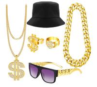 Dreamtop 6 Pcs Disfraz Rapero, Collar Rapero Accesorios con Bucket Hat, Kit Hip Hop Disfraz Años 90 80