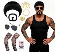 Dreamtop Disfraz de jefe final de Ibiza para hombre, traje completo y divertido de fiesta con peluca negra de corte de tazón, gafas de sol, cadena dorada, anillo de tatuaje, mangas de tatuaje para