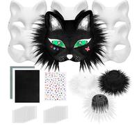 Dreamtop Juego de 28 máscaras de gato Therian para decorar, incluye máscara de gato en blanco, hoja de tela de fieltro, hoja de malla de plástico de ojos de piel sintética, calcomanía de diamante para