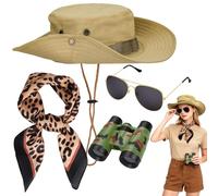 Dreamtop Juego de 4 accesorios para disfraz de safari, disfraz de guardián del zoológico explorador con sombrero de safari, bufanda con estampado de leopardo, prismáticos, lentes de sol para mujeres y