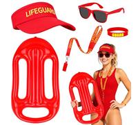 Dreamtop Kit de 5 accesorios para disfraz de salvavidas que incluye sombrero de salvavidas inflable, flotador, silbato, gafas de sol, pulsera, disfraz de salvavidas para adultos, mujeres y hombres