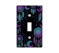 Dreamy Catcher - Placa de cubierta de interruptor de luz individual, diseño bohemio de plumas místicas, luna, ninguno violeta, tamaño estándar, placas de interruptor de pared, detalles para dormitorio