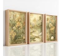 Dreamy - Juego de 3 lienzos retro para pared, para sala de estar, acuarela, estanque, naturaleza, ganso, campo, decoración de pared, dormitorio, pasillo, cocina, oficina, A2, 42 x 59,4 cm