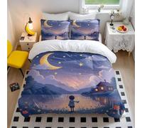 Dreamy Night Sky Crescent Moon Stars - Juego de funda de edredón con estampado de dibujos animados para habitación de niños, juego de 3 piezas suave y transpirable (04, individual + 50 x 75 cm x 2)