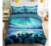 Dreamy Nightscape - Juego de funda de edredón reversible con 2 fundas de almohada, para niños y adultos, diseño romántico de aurora, nieve, montaña, lago, 3 piezas, color azul