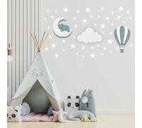 Dreamy Skies - Juego de pared para guardería, elefante en la luna, globo aerostático y calcomanías de estrella (tema azul)