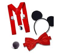 Dreamzfit - Kit de disfraz de Mickey Mouse para hombre adulto, diadema de orejas negras, nariz, tirantes rojos y pajarita, accesorios de despedida de soltero, carnaval, cosplay, fiesta temática